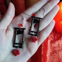 black guillotine earringsgoth giftsmacabre jewellerymedieval jewelrydark academia earringsred rose drop earrings