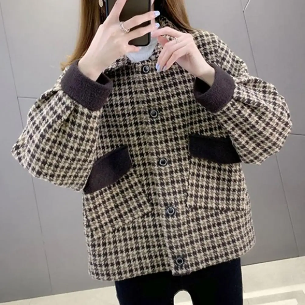 

Lady Jacket Stylish Plaid Print Plus Size Women's Winter Coat with Lapel Buttons Pockets Warm Soft Cardigan Jacket for Fall Lady