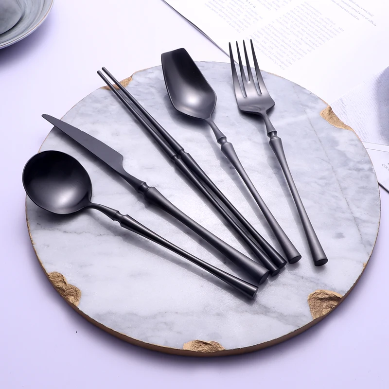 

Matte Black 18/10 Stainless Steel Luxury Cutlery Tableware Knife Coffee Ice Spoon Fork Chopsticks Flatware Set Dishwasher Safe