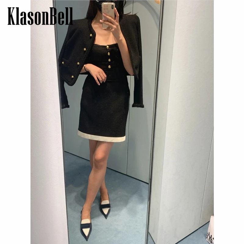 

12.20 KlasonBell Temperament Suspender Slim Tweed Dress Or Single Breasted Short Wool Jacket Set Women