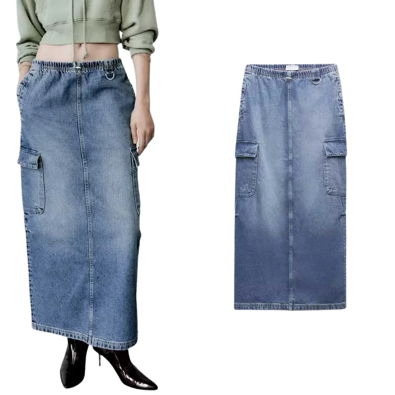 

Женская прямая джинсовая юбка, Повседневная Милая элегантная уличная прямая юбка с эластичным поясом и карманами, осень 2023