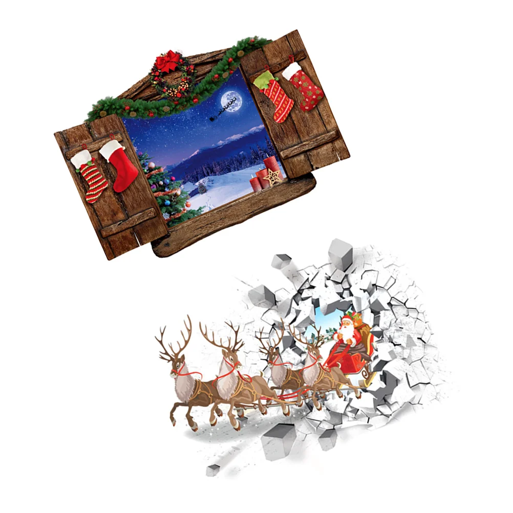 

Christmas Wall 3D Stickers Sticker Window Decals Decal Santa Cracked Broken Elk Windows Faux Removable Holiday Clings Cling