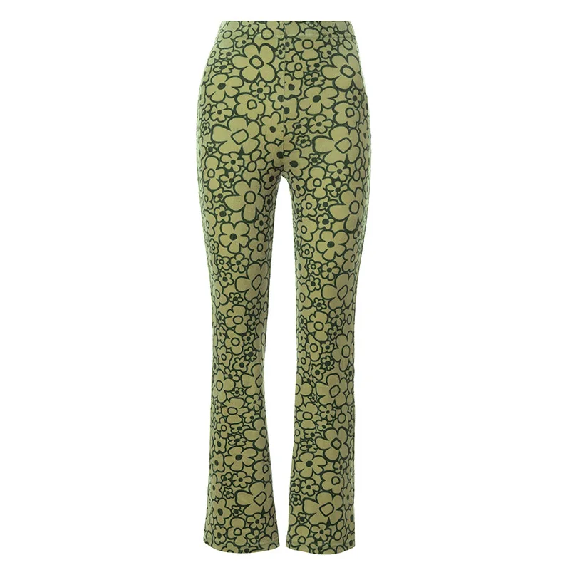 

Women New Fashion Autumn Printing High Waist Bell Bottom Pants High Street Wide Leg Pants