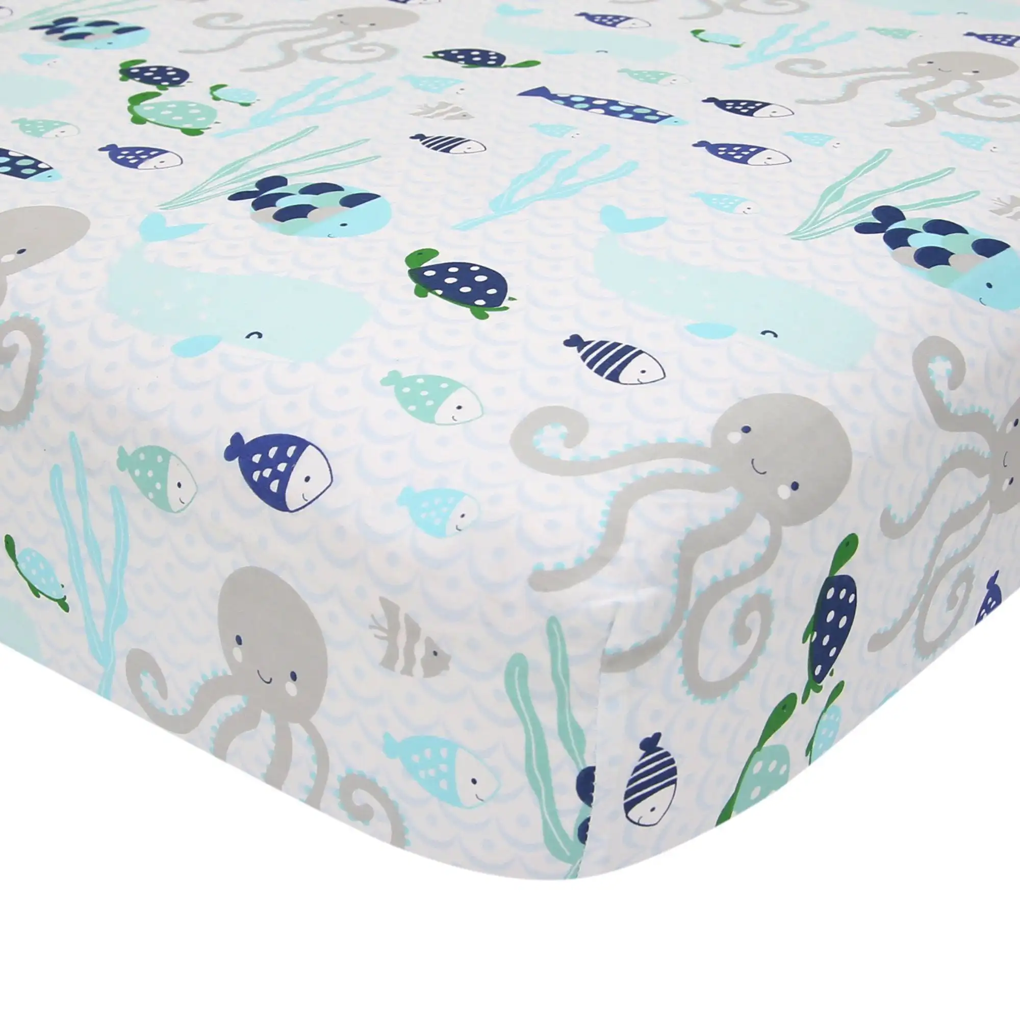 

Oceania Cotton Fitted Crib Sheet - Blue Gray White Aquatic