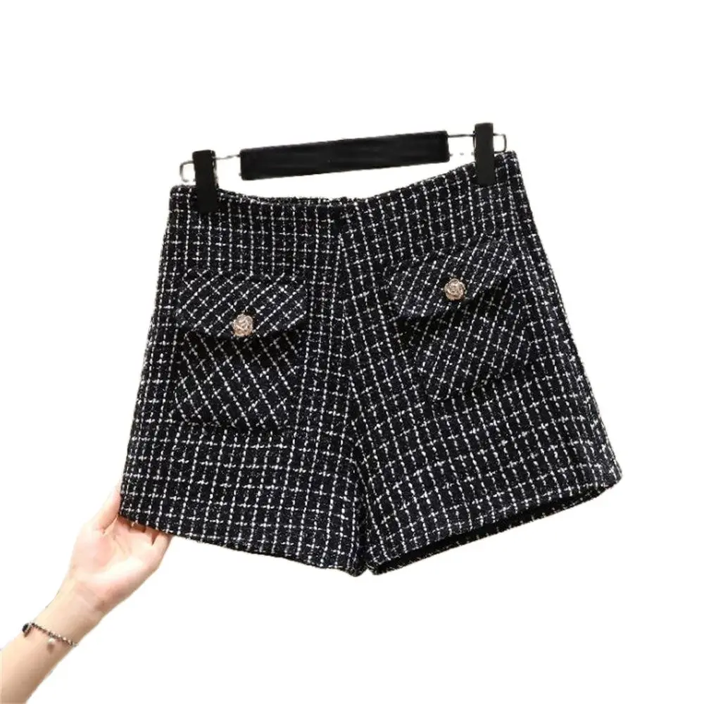 

New High Waist Tweed Shorts Women Casual Loose Ladies Fashion Spring Autumn Slim Button Short Pants All-Match Boot Trousers