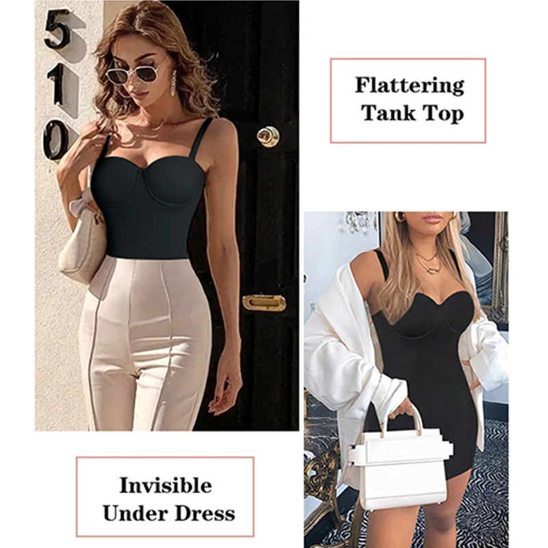 Women Full Slips Basic Under Dress Adjustable Straps Cami Seamless Smooth Tummy Control Body Shaper Built In Bra Deep V Bodycon