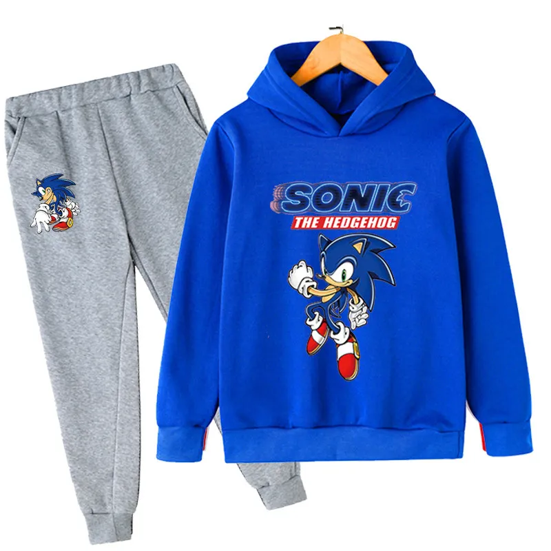 

Conjunto de Sudadera con capucha de Sonic para niños, Jersey de algodón, pantalones de 2 piezas, ropa de manga larga para 4-14T