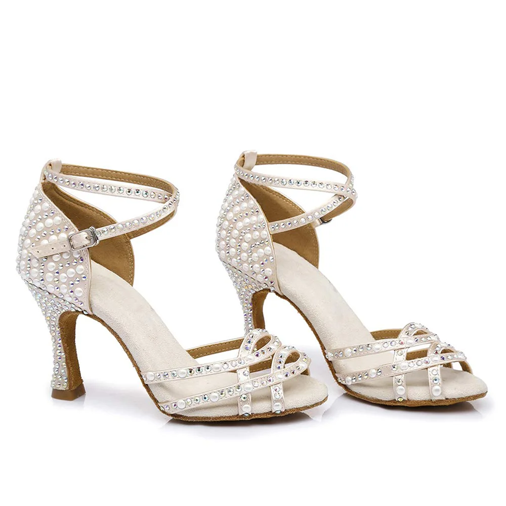 Dance Shoes With Rhinestones Pearls Women Ballroom Latin Dancing Shoes For Girls Latin Dance Shoes Tango Bachata Dance Shoe