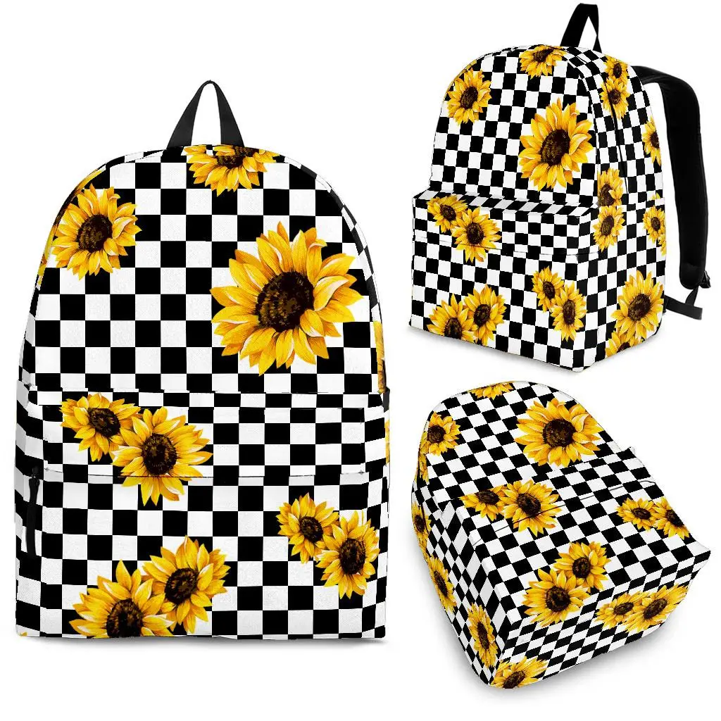 

YIKELUO Pop Black And White Grid Sunflower 3D Print Teen Laptop Backpack With Zipper Floral Casual Travel Knapsack Textbook Bag