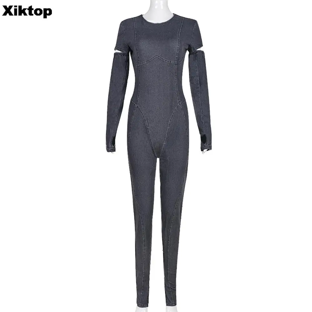 Xiktop Denim Pencil Jumpsuit Women Cropped Sleeve One Piece Bodysuits Girl Hipster Skinny Side Spilt Jeans Style Model Clothing