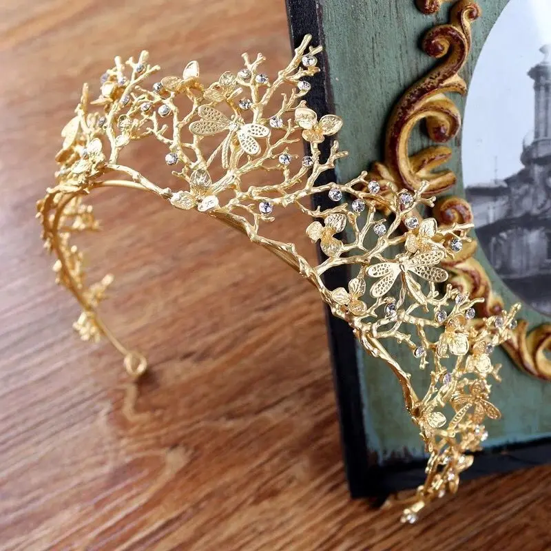 

Vintage Gold Baroque Wedding Bridal Crown Hair Accessories Dragonfly Tiara Bridesmaid Girls Rhinestones Headdress Crown