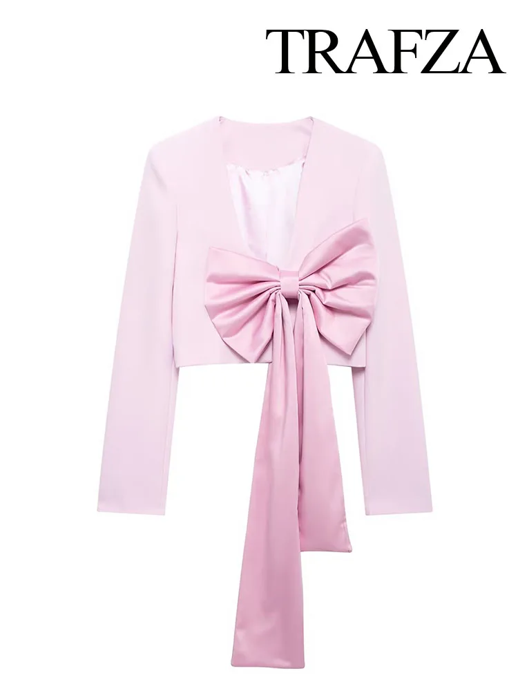 Женский блейзер с бантом и V-образным вырезом длинным рукавом