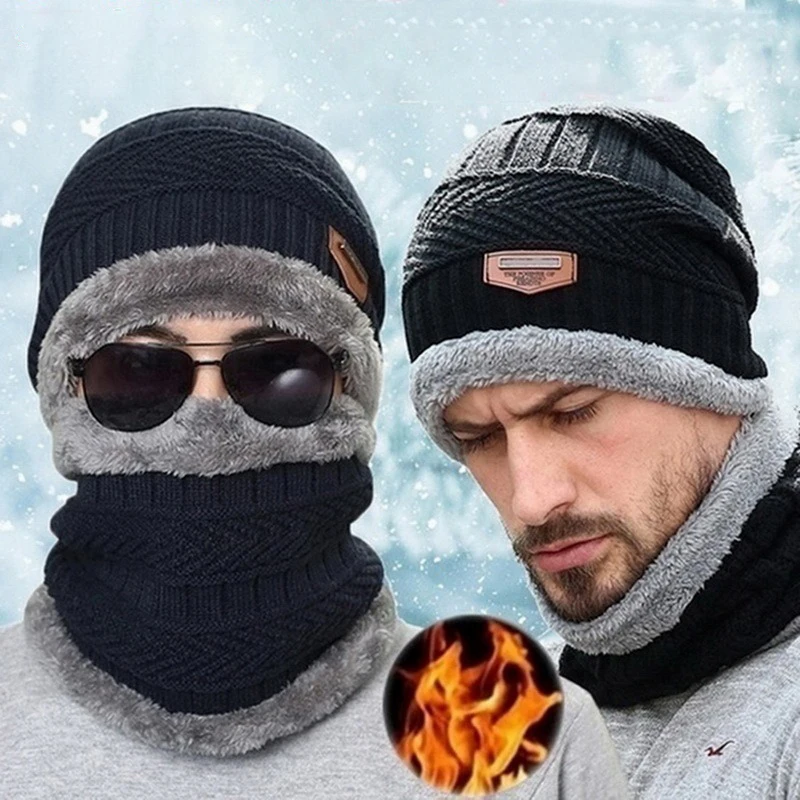 

Warm Scarf Set Knitted Hat Winter Women's Thicken Fleece Beanie Hats for Men Boy Children Balaclava Mask Neckwarmer Bonnet Cap