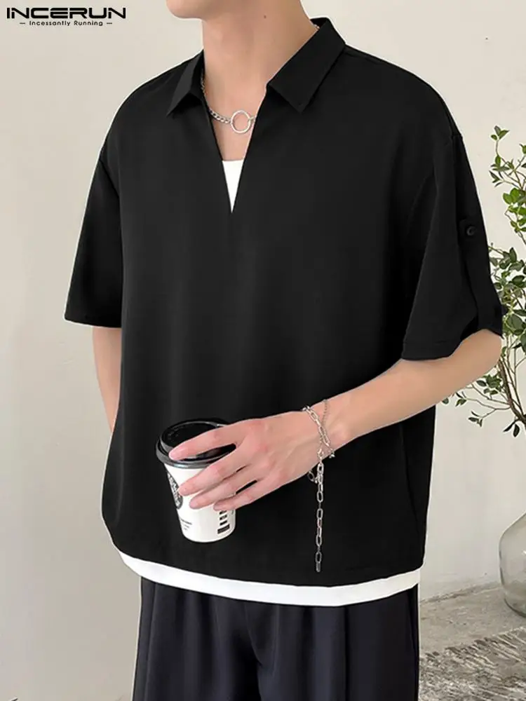 

Korean Style New Men Fake two-piece Splicing Blouse Fashion Male Solid Drape Five-quarter Sleeve Shirts S-5XL INCERUN Tops 2022
