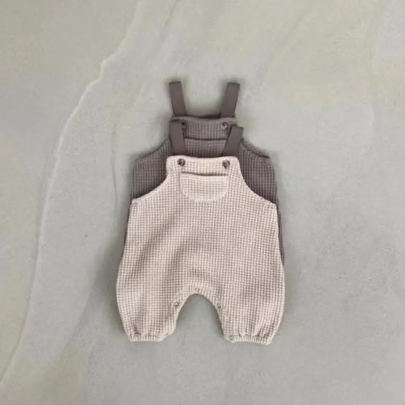 

2022 Autumn New Baby Sleeveless Jumpsuit Solid Kids Casual Overalls Cotton Waffle Plaid Newborn Loose Pocket Romper Boy Girl