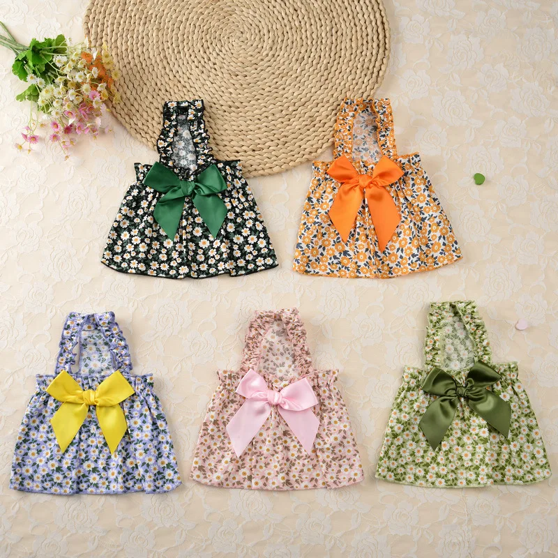 

Sleeveless Bowtie Dog Dress Summer Floral Pet Clothes Puppy Cat Suspenders Dog Skirt Princess Girl Dresses For Small Dogs Yorkie