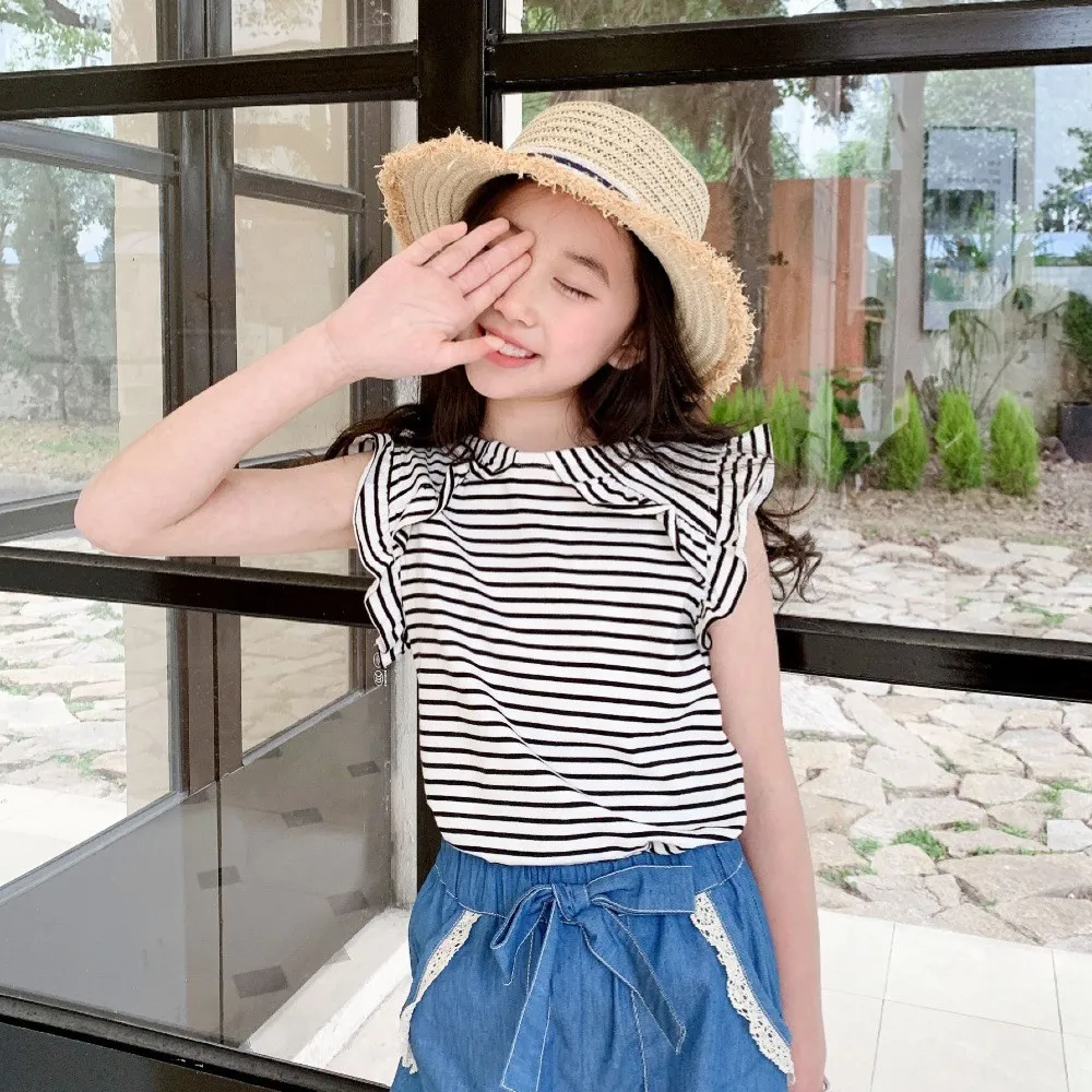

Kids Black and White Lace Striped Top French Casual T-Shirt Comfort Stretch T-Shirt Girls Tops