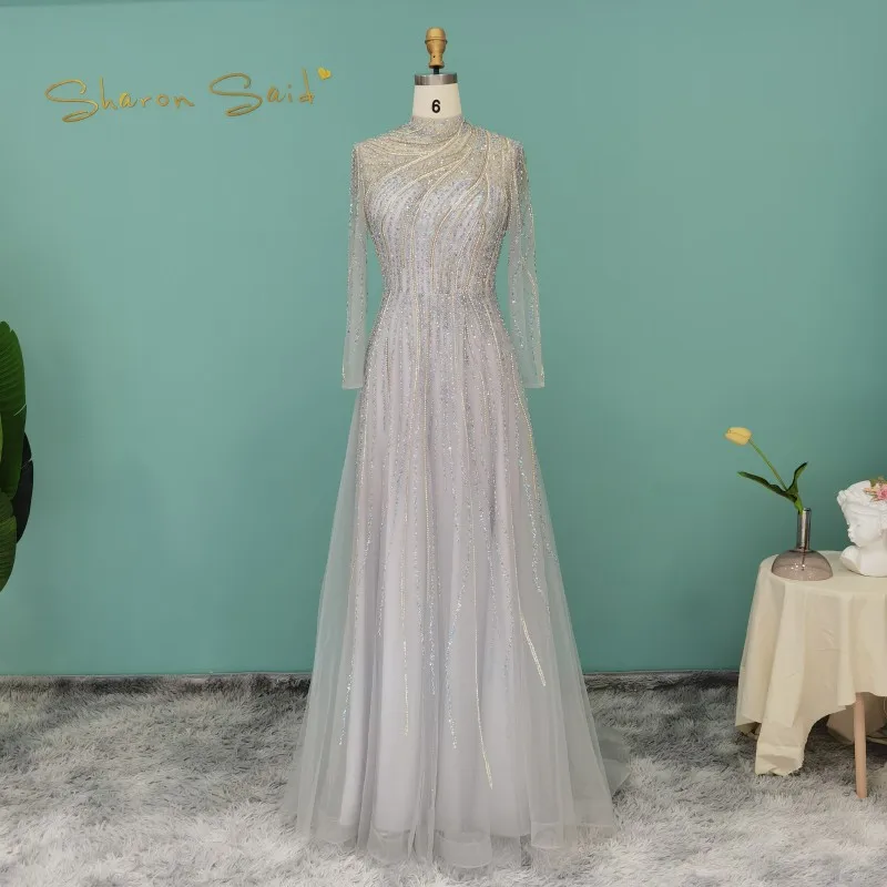 

Sharon Said Luxury Silver Grey Long Sleeve Muslim Evening Dress 2022 Elegant Dubai Formal Party Dresses for Women Wedding SS277