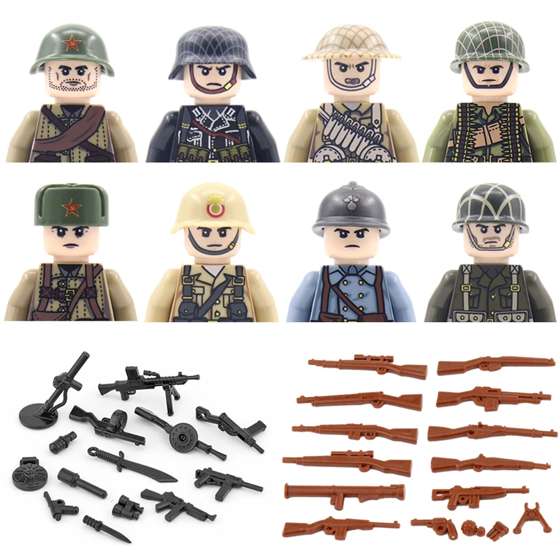 

WW2 Soviet Union Figures Printed Helmet Build Blocks Military Soldier Army British German US Weapons Gun Parts Bricks Kid Toys