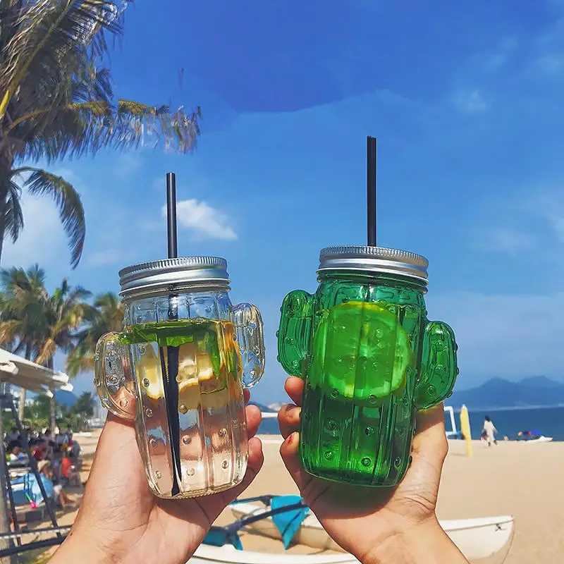 

500ml Summer Cute Cactus Water Bottle Glass Cup Transparent Drinking Milk Coffee Straw Cup Beer Cola Juice Cold Drinkware