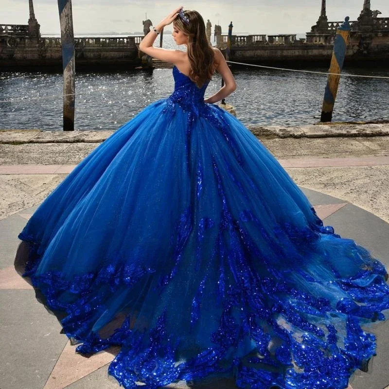 LIYYLHQ Королевский синий платье Quinceanera Принцесса милое бальное кружево блестки