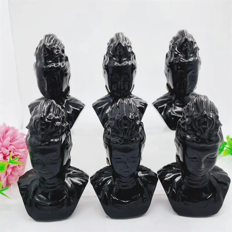 

10cm Natural Black Obsidian Guanyin Buddha Carving Hand Carved High Quality Beautiful Gemstone For Home Decoration Gift 1pcs