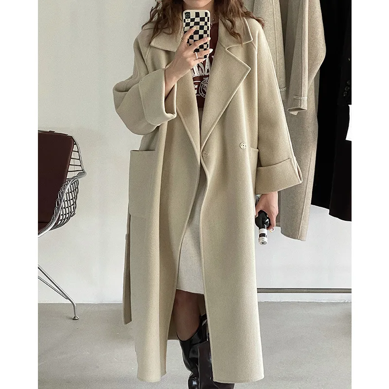 

South Korea multicolor modern large pockets coat loose suit collar double-sided wool cashmere coat