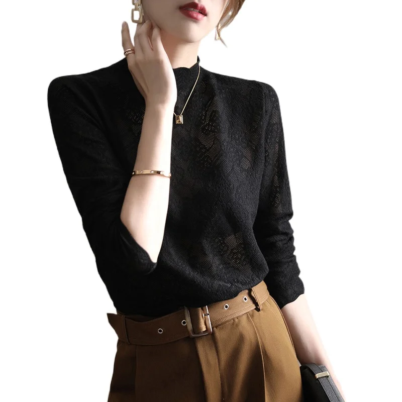 

Lace jacquard sweater with a semi-turtleneck over a knit