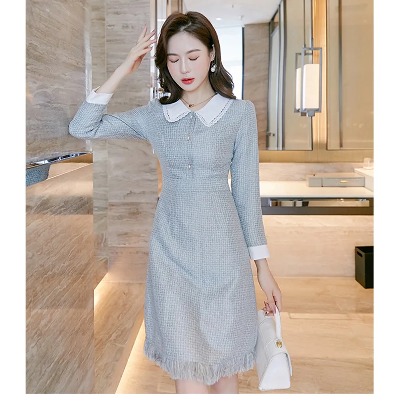 

2023 French Vintage Fashion Tweed Short Dress For Women Autumn Long Sleeve Slim Mini Dresses Elegant Party Dress Vestidos