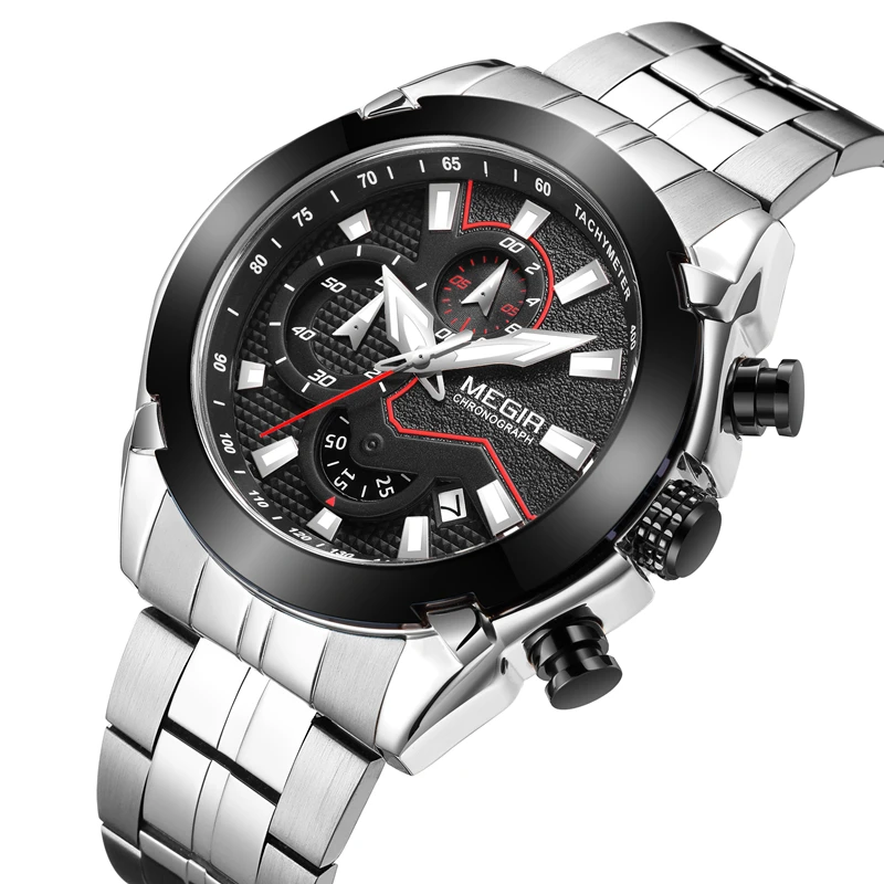 

Часы MEGIR-MenLargeDial с хронографом, светящиеся водонепроницаемые деловые Роскошные Модные Спортивные кварцевые мужские часы со стальным брасле...