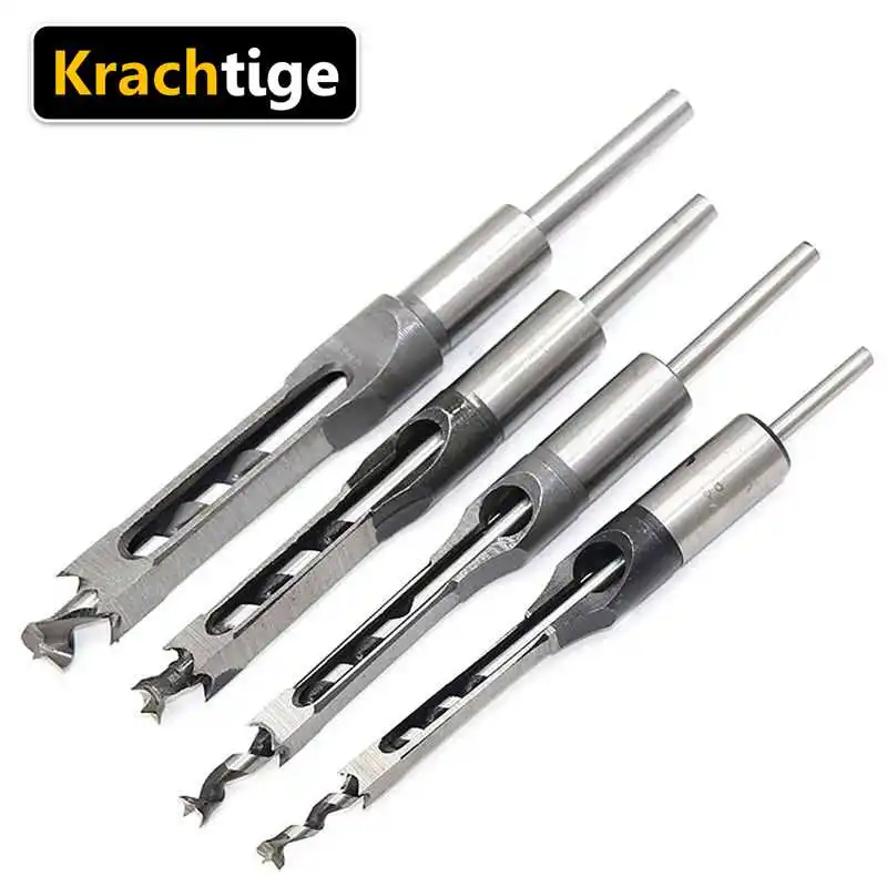 

Krachtige 4Pcs Square Hole Woodworking Twist Drill Kits Woodworking Tool Mortising Chisel Extended Saw Drill Bits Set
