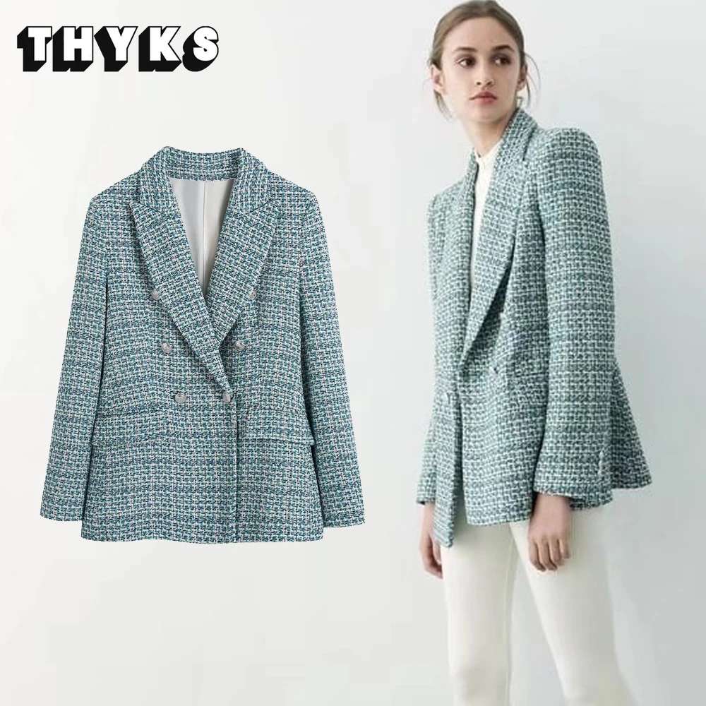 

Tweed Blazer Suits for Women Office Lady Coat Vintage Plaid Suit Female Outerwear Chic Jacket Woman 2022 TRAF New Fashion