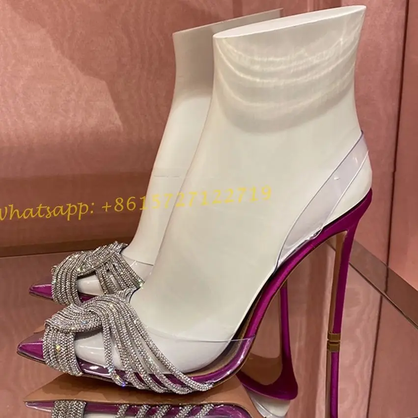 

Luxury Crystal Cross Strap Slingback Sandals Women Brand Pointy Toe High Heels Transparent Sandals Women 2022 Summer Sweet Shoes