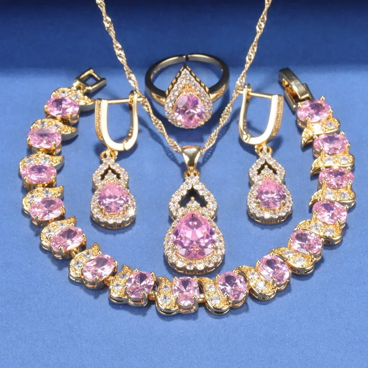 

Zirconia Women Gold Plated Jewelry Set Pink Topaz Costume Necklace Earrings Ring Pendant Bracelets Fashion Bridal Jewelry Gift