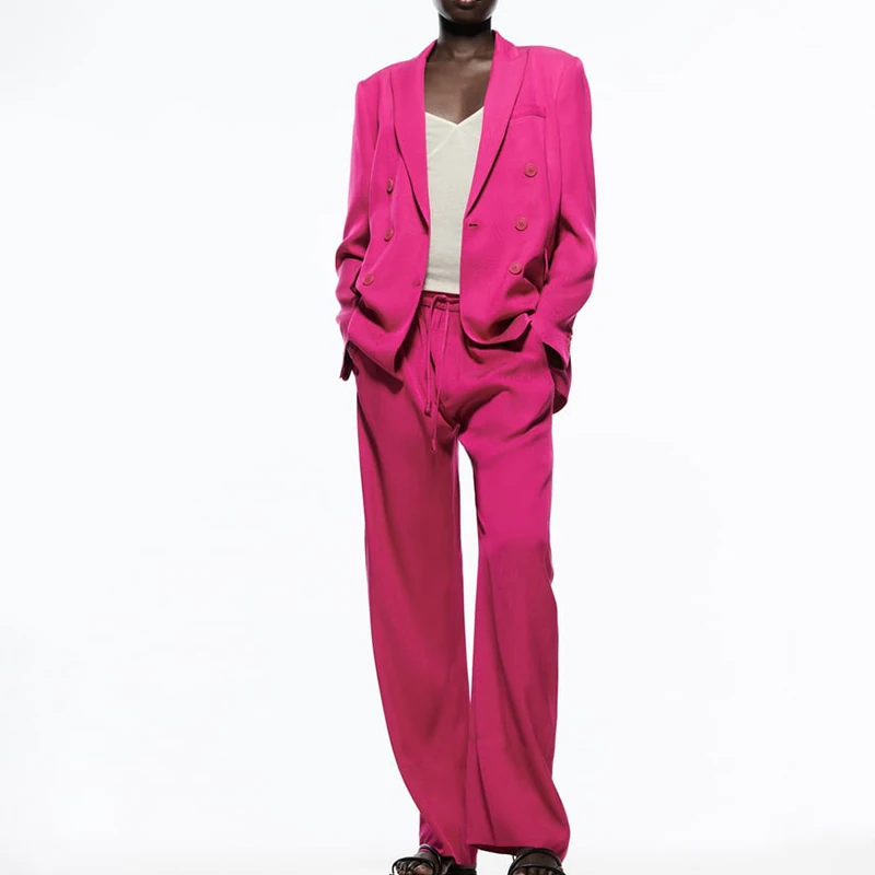

2022 Spring Women Casual Long Sleeve Double Breasted Blazer High Waist Elastic Waist Lacing Straight Pants Two Piece Suit CD8506