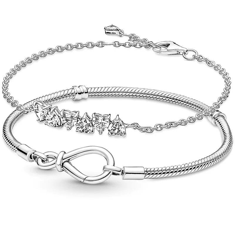 

Sparkling Endless Hearts Infinity Knot Snake Chain Bracelet 925 Sterling Silver Bangle Fit Original Europe Bead Charm Jewelry