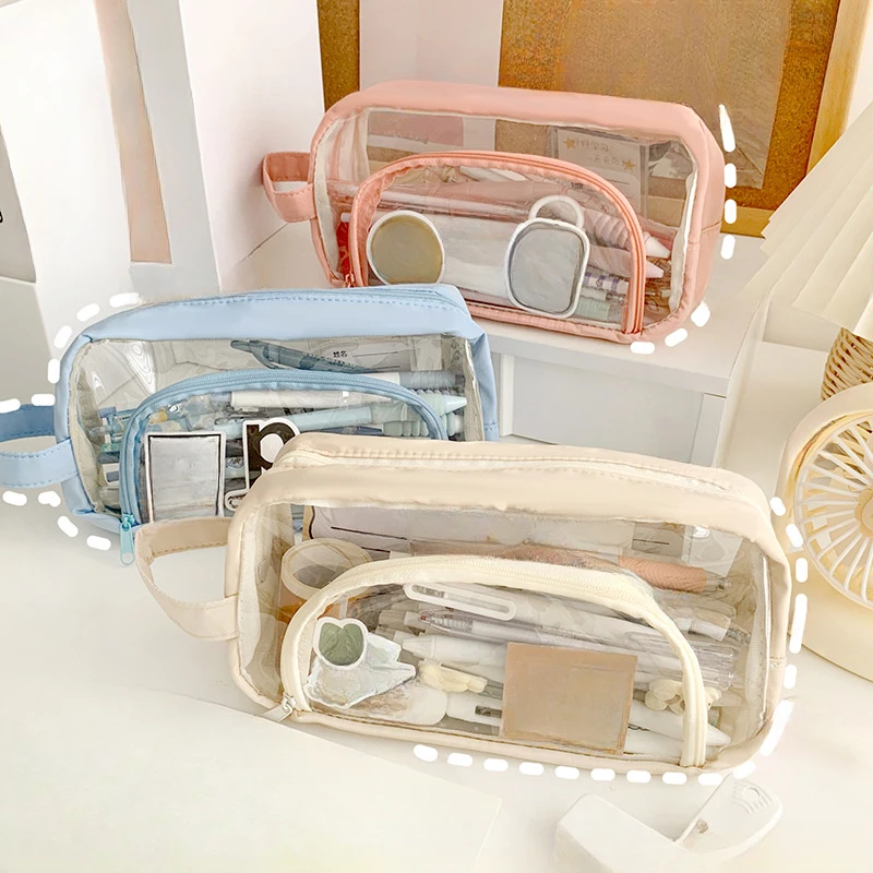

Kids Transparent Pencil Bag Korean Stationery Large Capacity Zipper Pencil Pouch School Supplies Girl Portable Stationery Box