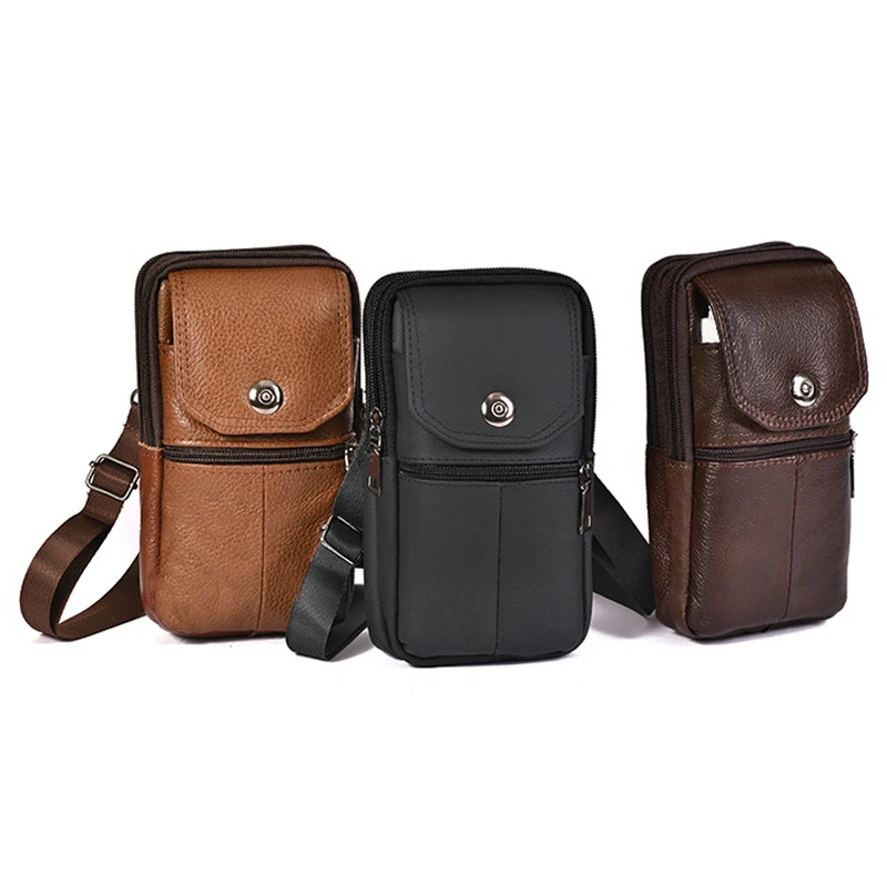 Men Leather Waist Bag Large Capacity Belt Bag Brown Shoulder Bags Crossbody Bags Multi-layer Buckle Mobile Phone Bag Bum Pouch