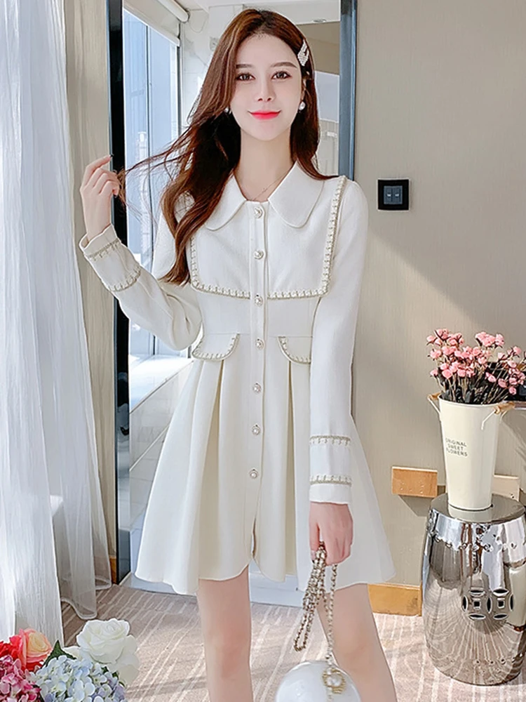 

Korean Elegant Women Dress Temperament Vintage Formal Sweet Button Slim Pleated Midi Party Street Clothes Femme Mujer Vestidos