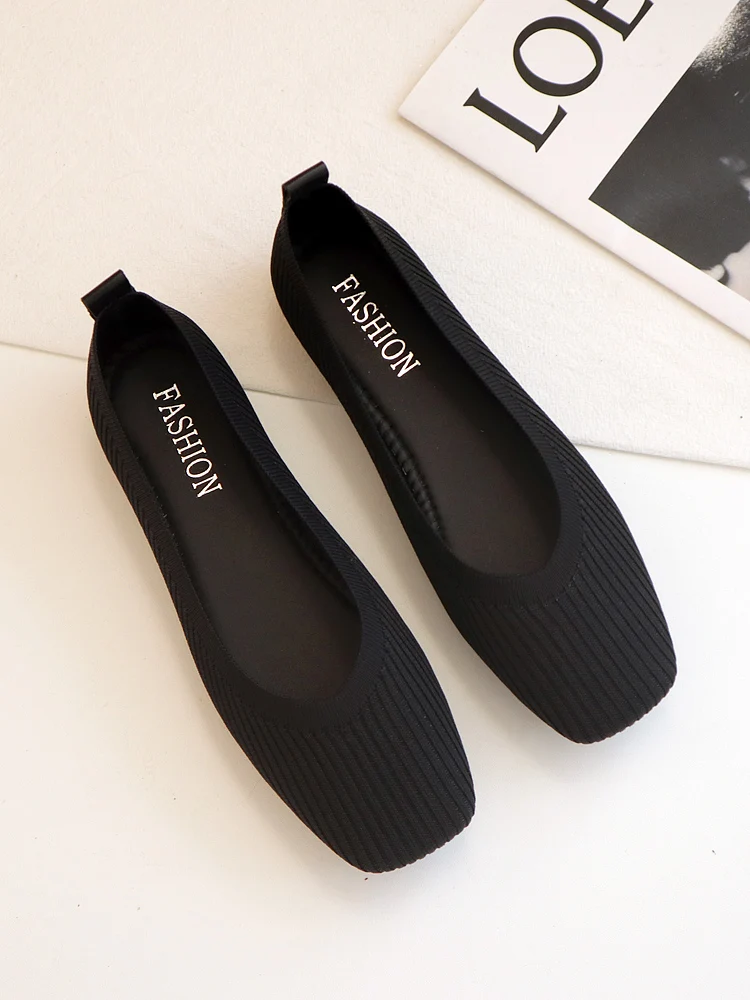 Knitted Shoes Women's Spring and Autumn New Women's Soft Bottom All-match Square Toe Low-top Pregnant Women's Flat Loafers