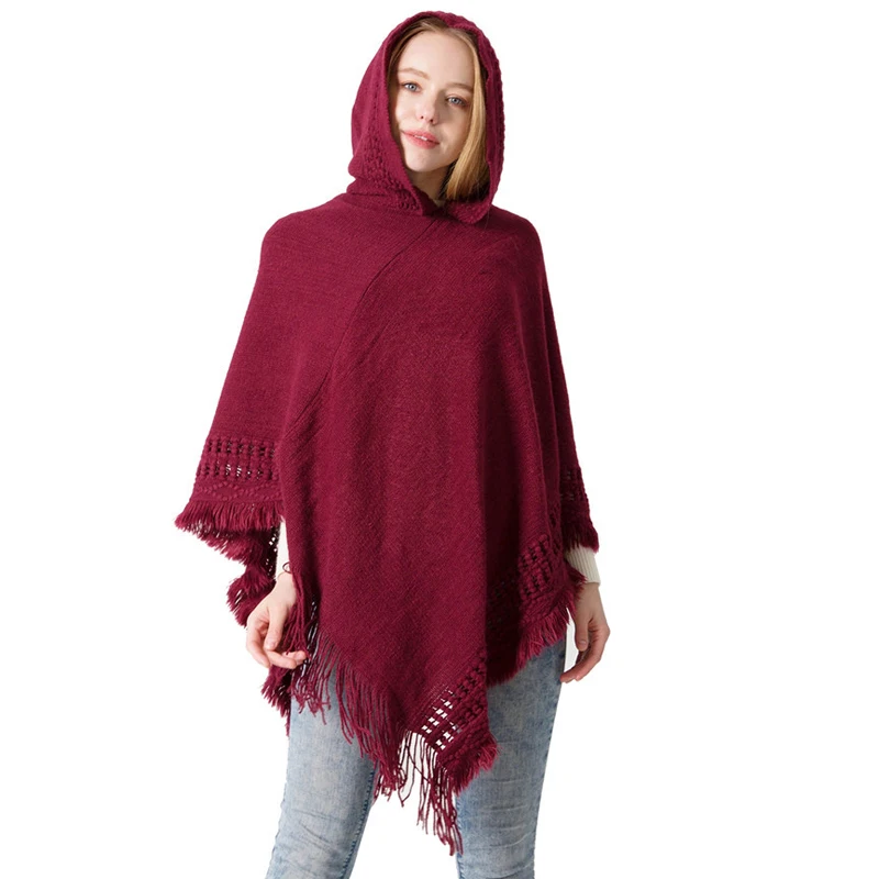 

CHENKIO Ladies Hooded Cape with Fringed Hem, Crochet Poncho Knitting Patterns for Women Shawl for Women Winter Ponchos for Women