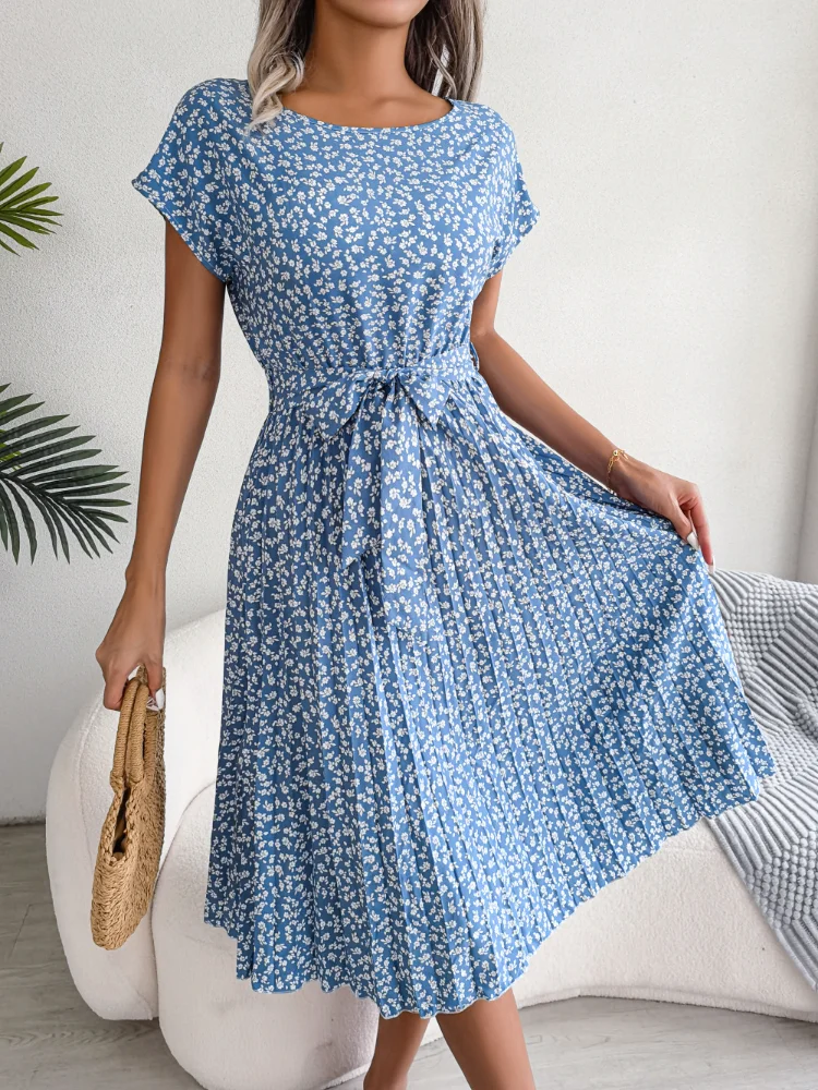 

Women Summer Print Floral Long Dress Elegant Casual Fashion Office Lady Streetwear Short Sleeve High Waist O Neck Dress New 2023