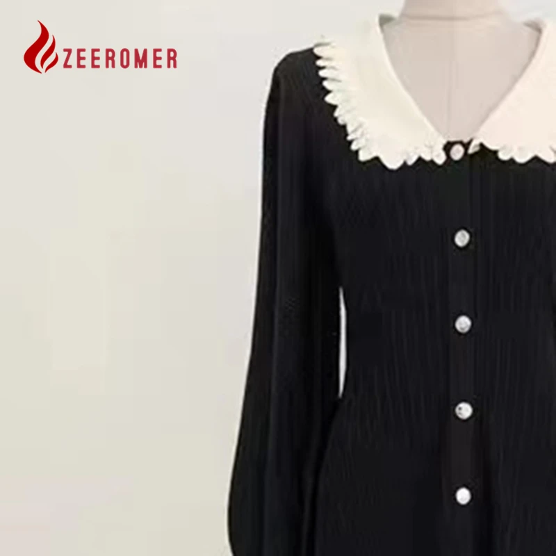 2022 Autumn New French Elegant Black Knitted Midi Dress Women Fashion Lapel Lantern Sleeve Single Breasted Stretch Party Dress