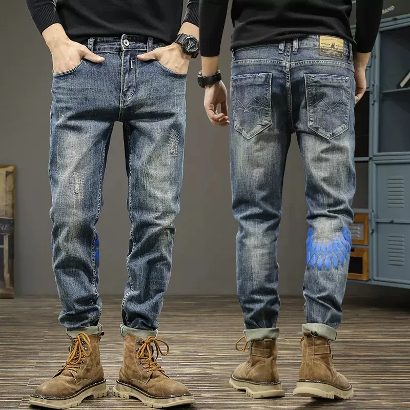 Fashion Designer Men Jeans High Quality Retro Blue Elastic Slim Fit Ripped Jeans Men Vintage Trousers Printed Denim Pants Hombre