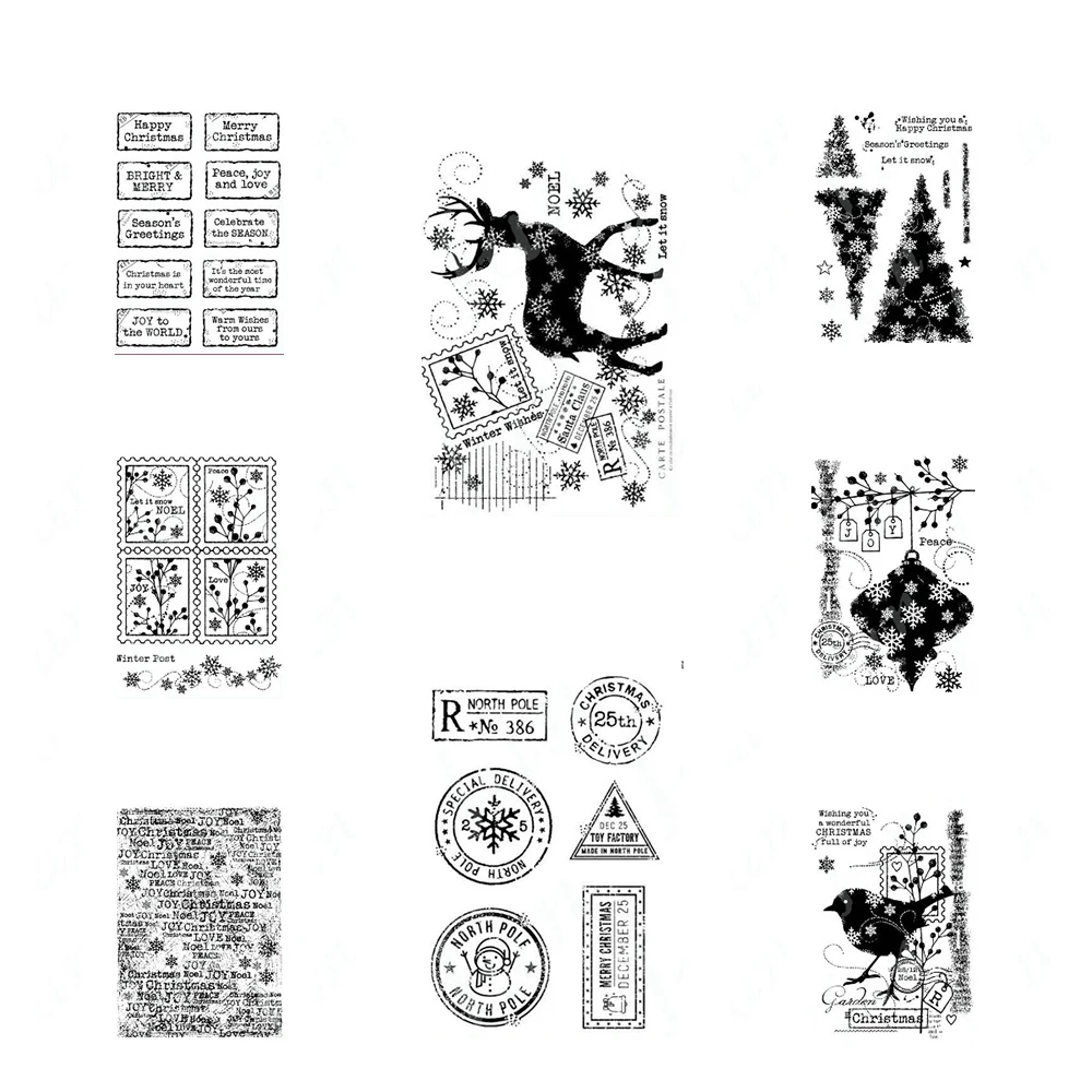 Зимний олень рождественские старые этикетки снежинки деревья фоновые штампы