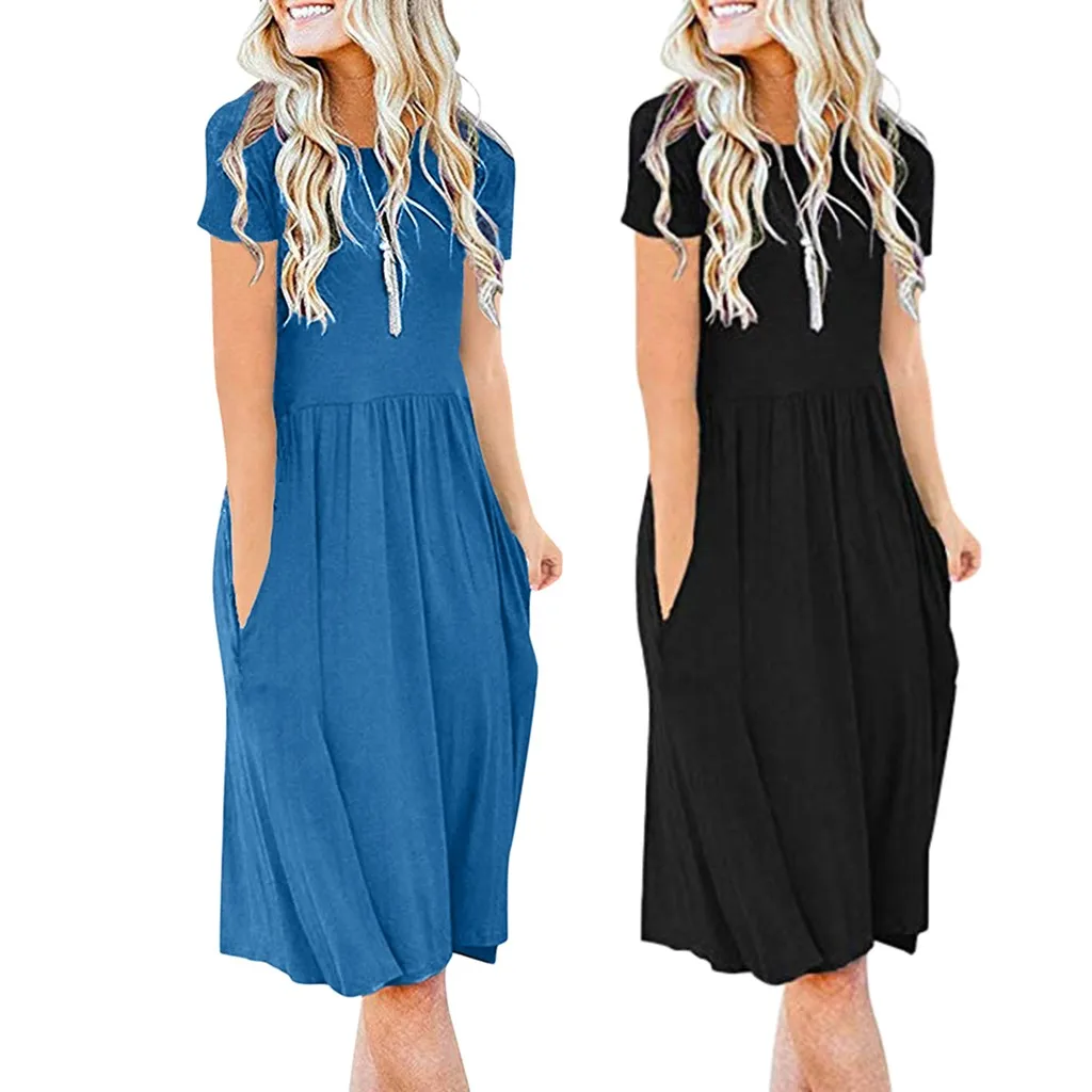 

Женское свободное плиссированное платье с коротким рукавом и карманами