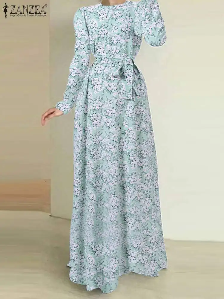 

ZANZEA Women Long Sleeve Maxi Dress Fashion Floral Print Round Neck Long Robes Elegant Tie Waisted Female Elegant Party Dresses