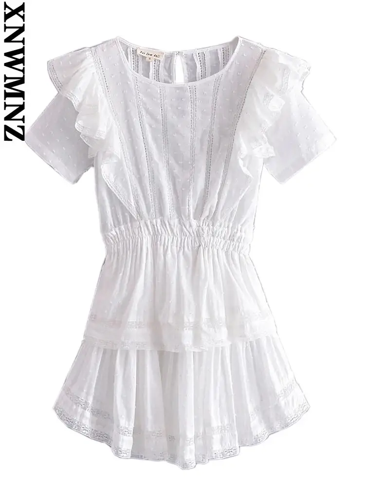

XNWMNZ Women 2022 fashion lace stitching ruffled mini dress White elegante short sleeve O neck female dresses vestidos mujer