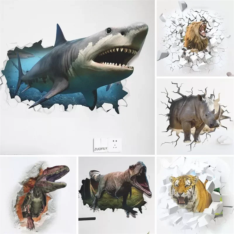 

3D Vivid Lion/Pig/Rhino/Tiger/Shark/Dinosaur Wall Stickers Bathroom Home Decoration Fierce Animals Mural Decal Home Decoration