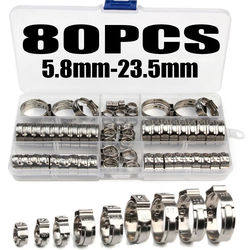 

80Pcs Hose Clamps Stainless Steel 5.8-23.5mm 1-Ear Stepless Clamp Worm Drive Fuel Water Hose Pipe Clamps Clips Hose Fuel Clamps